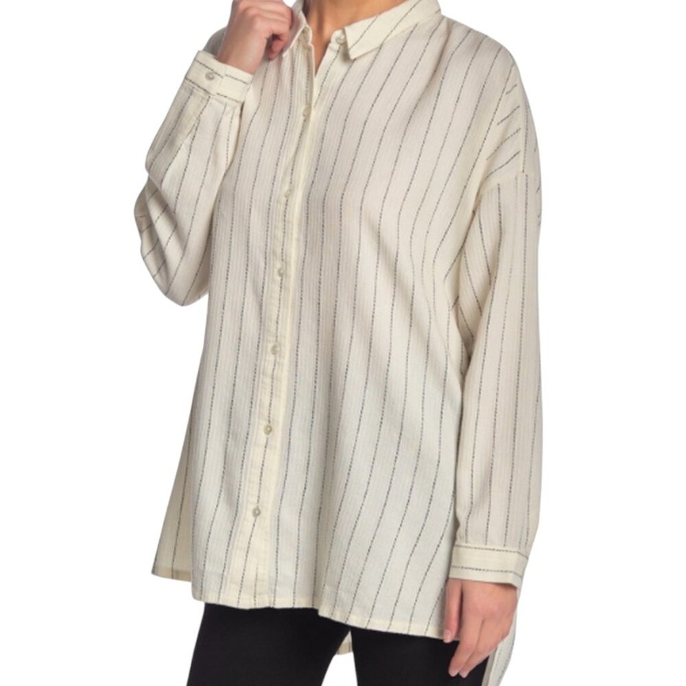 Eileen Fisher Classic Collared Striped Tunic Shirt, Ivory, L/XL